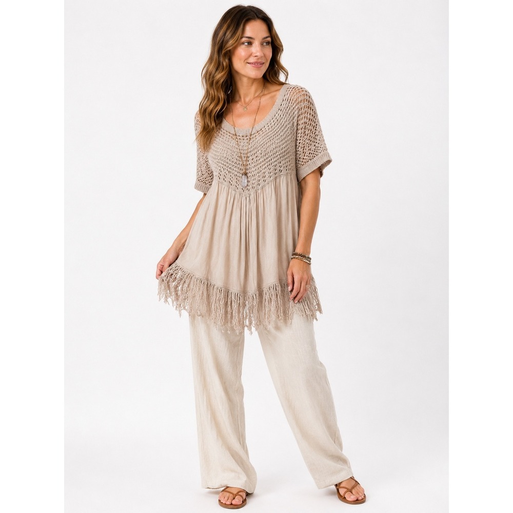 Boho Crochet Fringe Tunic Top Large Beige Cotton Linen Fairy Festival Ella Moss